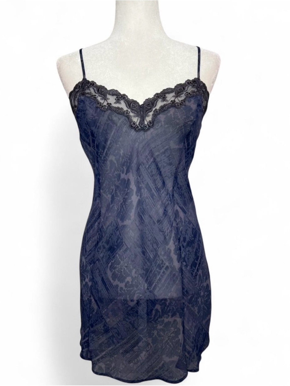 Vintage Y2K Victorias Secret Dark Blue Sheer Mini Slip Dress